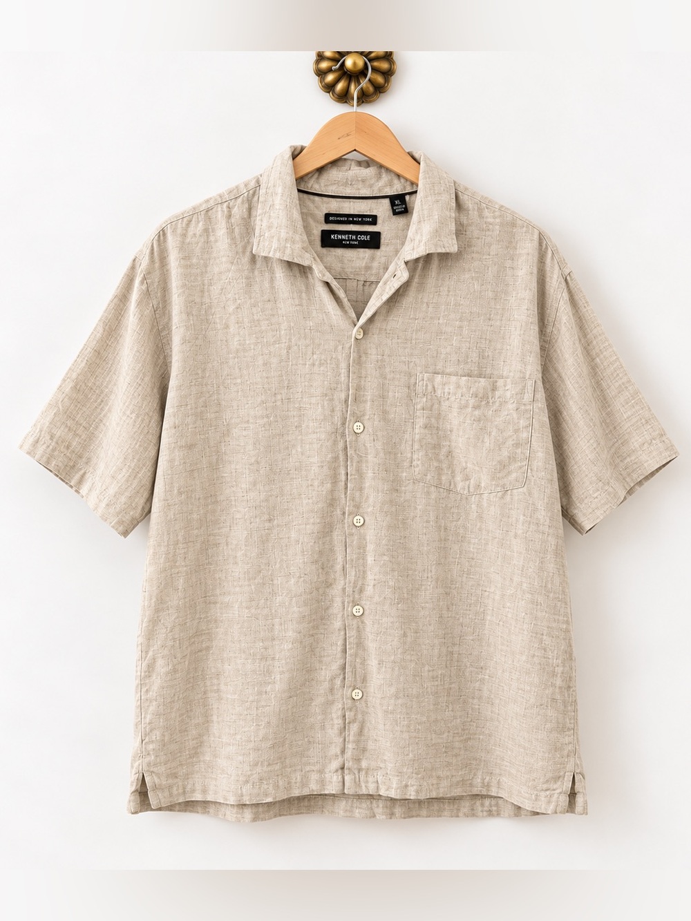 Kenneth Cole Linen Blend Short Sleeve Button Down Shirt XL Beige